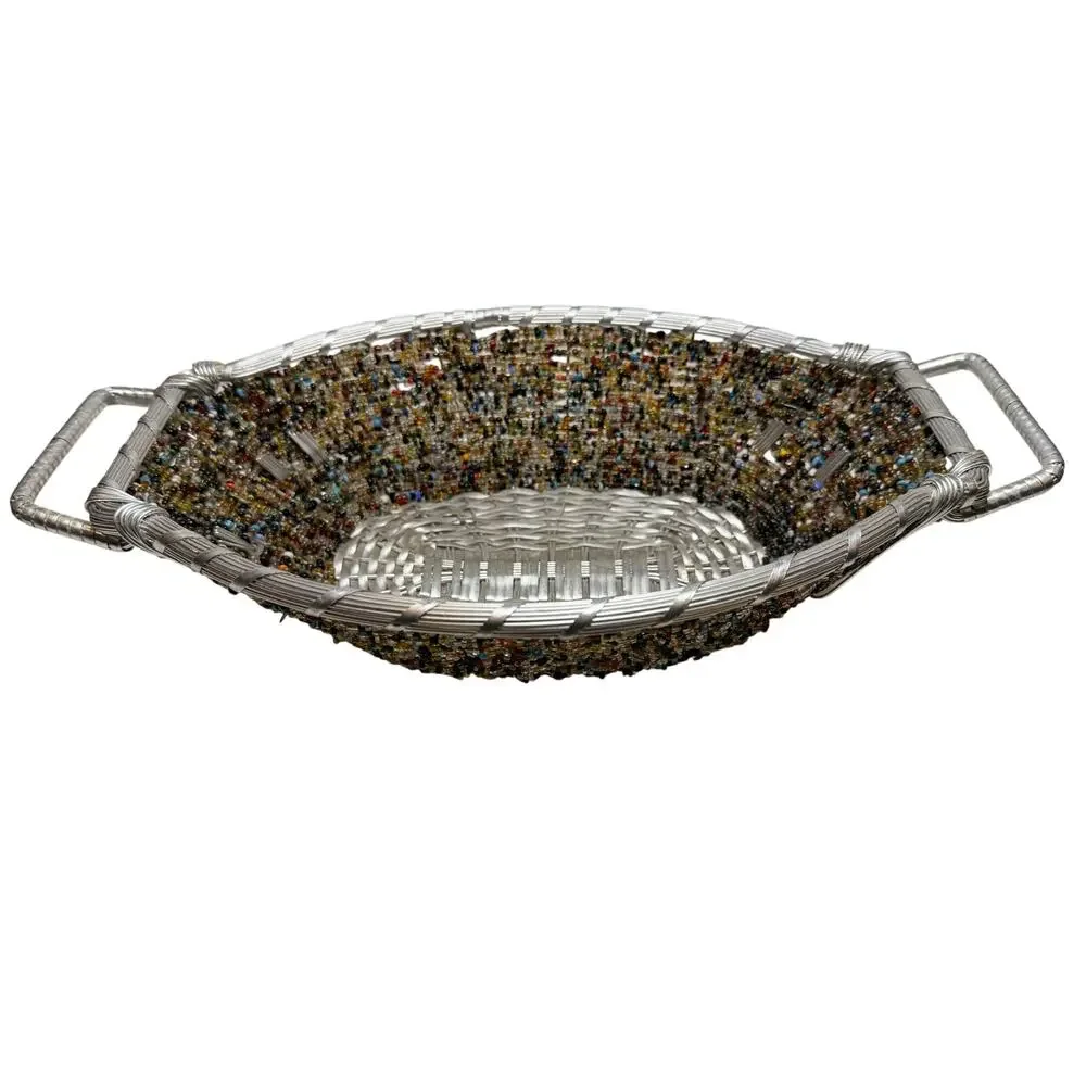 IHI Boat Shape Seed Bead Basket Silver Metal And Wire Made In India 13.5